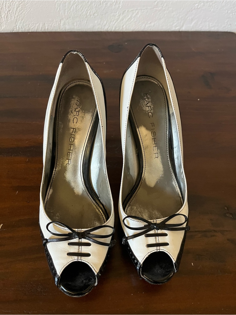 Marc Fisher Two-Tone White and Black Peep-Toe Bow Pumps